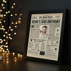 May include: A black framed print titled The Party Times featuring a 30th birthday theme for Kevin. The document includes a central photograph of a man, historical facts from 1996, world population data, sports highlights, and popular culture references.