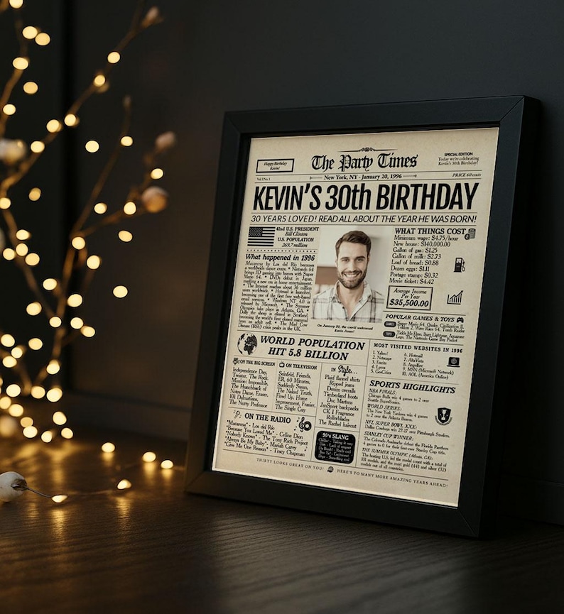 May include: A black framed print titled The Party Times featuring a 30th birthday theme for Kevin. The document includes a central photograph of a man, historical facts from 1996, world population data, sports highlights, and popular culture references.