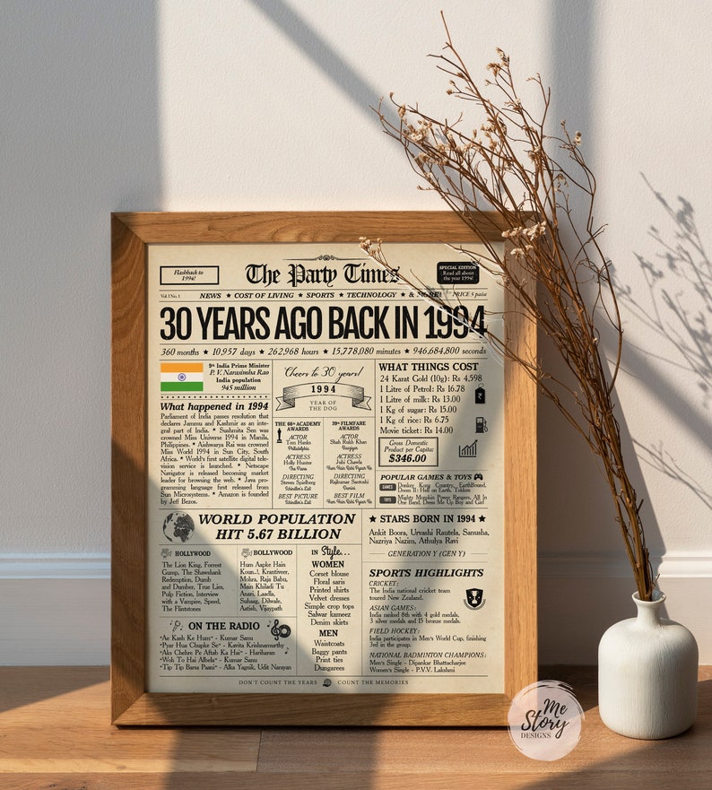 1994 INDE 30e anniversaire journal indien, 30e anniversaire, décoration Inde, affiche d'anniversaire indien il y a 30 ans en 1994 image 3