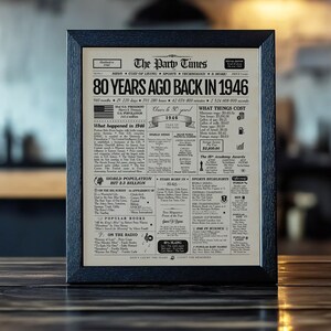May include: A framed print of a newspaper front page from "The Party Times" marking "80 Years Ago Back in 1946." The print features details about 1946, including cost of living, world population, and popular books, presented in a vintage style.