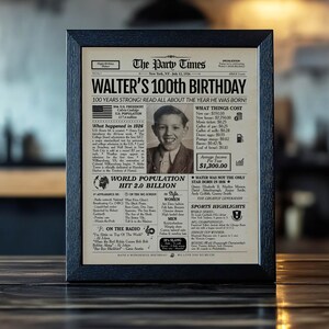100th Birthday Newspaper Poster | 1926 Personalized Gift | Printed or Digital image 4