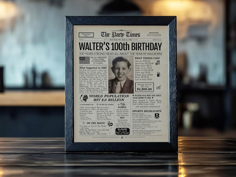 100th Birthday Newspaper Poster | 1926 Personalized Gift | Printed or Digital image 4