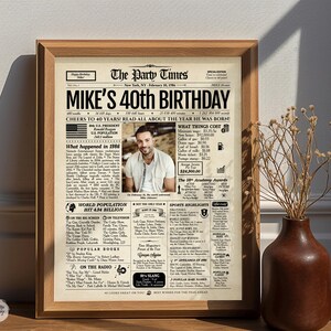 May include: A framed newspaper-style poster titled The Party Times, celebrating Mike's 40th birthday. The print features a central photograph of a man, historical facts from 1986, movie titles, popular books, and economic data in black text on beige.