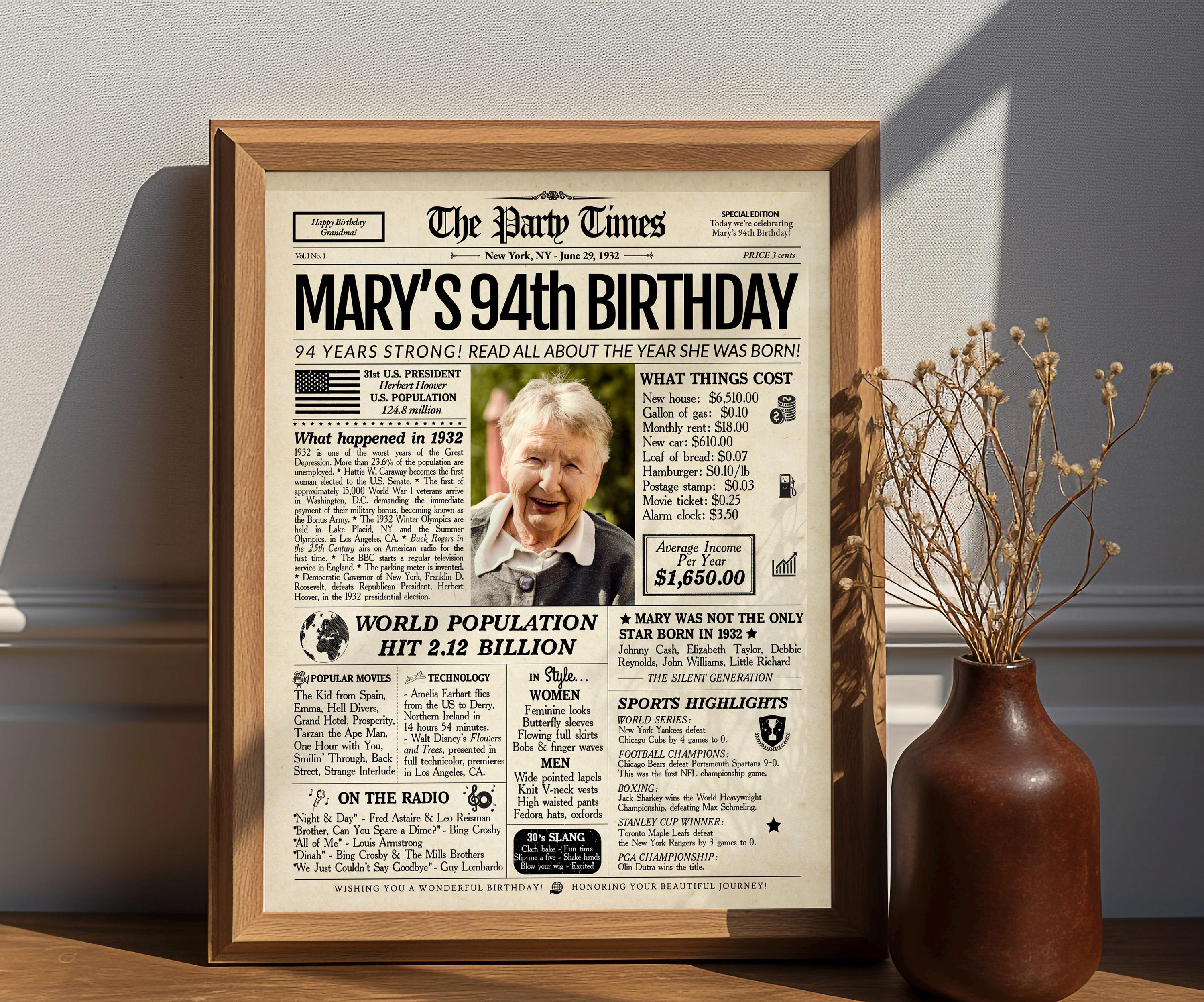 94歳の誕生日 新聞 1932 ポスター | パーソナライズされた 1932 年当時 