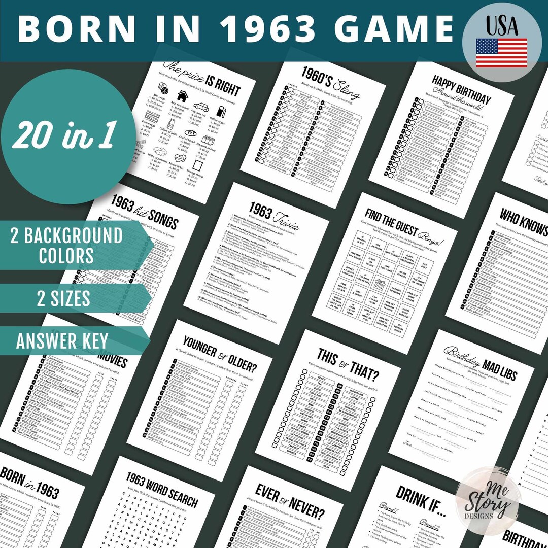 60th Birthday Games Born in 1963 GAME 1963 Trivia Game 1963 Quiz 20 in