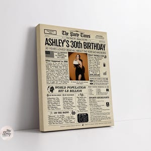 May include: A rectangular canvas print styled as a vintage newspaper titled The Party Times, featuring the headline Ashley's 30th Birthday. The beige background contains black text, a central photograph of a person holding a cake, and columns detailing historical facts, pop culture, and statistics from the year 1996.