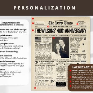 May include: A personalized anniversary newspaper poster titled The Party Times, featuring a black and white photograph of a couple, historical facts from 1986, and customizable text sections for names, dates, and messages on a vintage-style paper background.