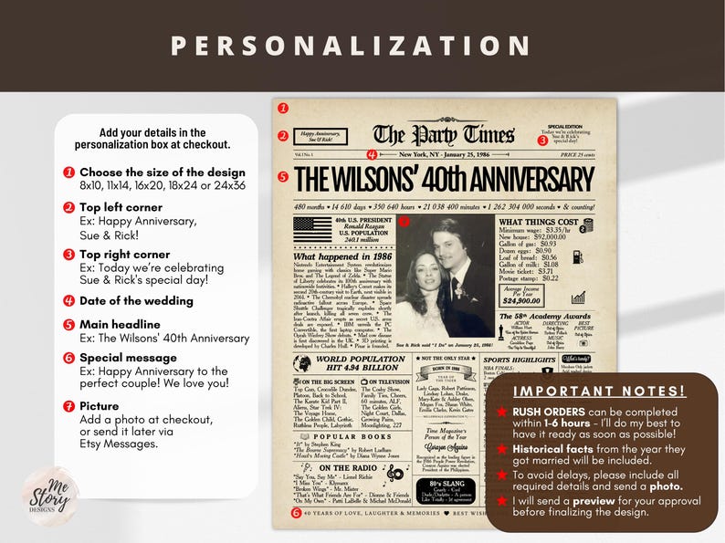 May include: A personalized anniversary newspaper poster titled The Party Times, featuring a black and white photograph of a couple, historical facts from 1986, and customizable text sections for names, dates, and messages on a vintage-style paper background.