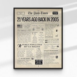 21st Birthday Gift Newspaper Sign 2005 Year in Review | Digital or Printed image 3