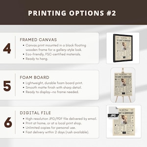 May include: An informational graphic titled PRINTING OPTIONS #2 detailing three choices: a framed canvas print in a black wooden frame, a foam board print with a matte finish, and a high-resolution digital file in JPG or PDF format for printing.