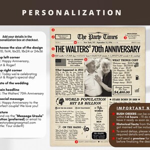 70th Anniversary Gift Newspaper Poster | Platinum Wedding Anniversary | Printed or Digital image 8