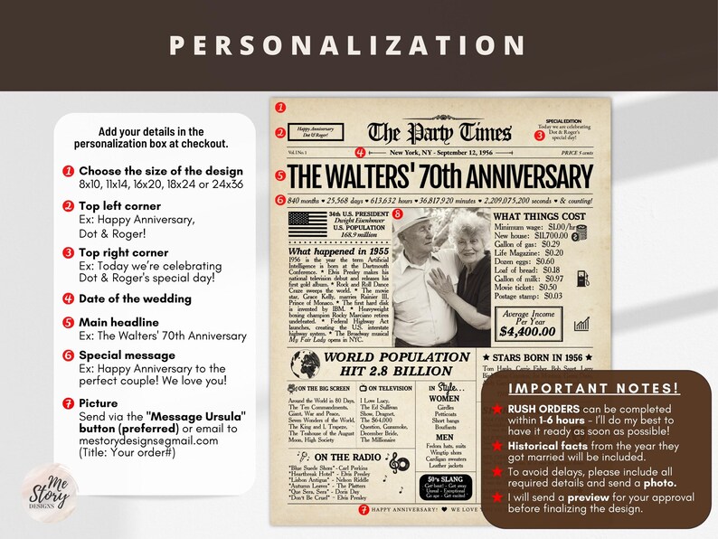 70th Anniversary Gift Newspaper Poster | Platinum Wedding Anniversary | Printed or Digital image 8