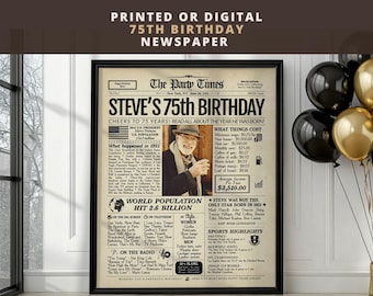 Personalized 75th Birthday Newspaper Poster | Printed or Digital | Framed or Canvas