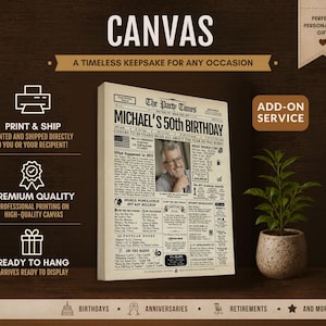 May include: A rectangular canvas print designed as a vintage newspaper front page titled The Party Times, featuring the headline Michael's 50th Birthday, a central portrait photograph, and various columns detailing historical facts from the year 1975.