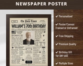 Personalized Newspaper Birthday Poster Any Age | Printed or Digital | Framed or Canvas