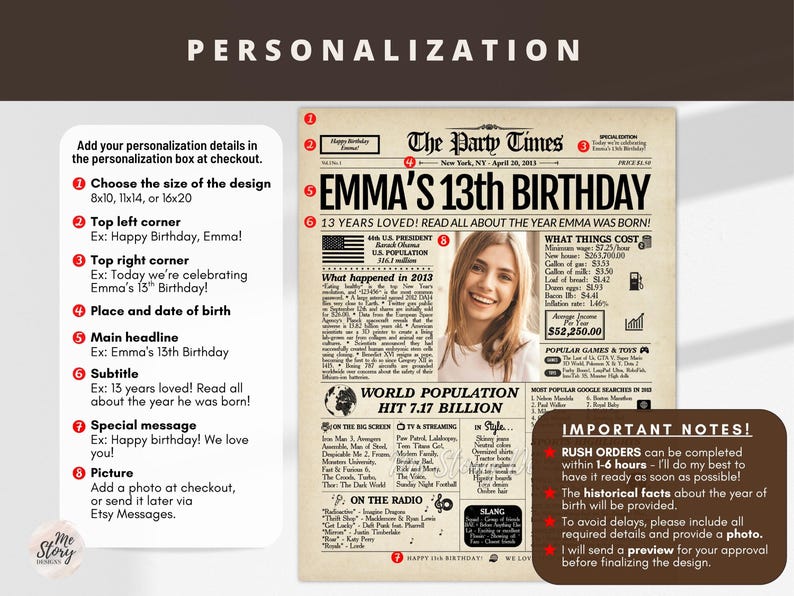 May include: A personalized newspaper-style birthday poster titled The Party Times, featuring a central photograph, historical facts from 2013, and customizable text sections. The design includes a headline, subheadings, and columns detailing pop culture, world population, and economic data from the year of birth.