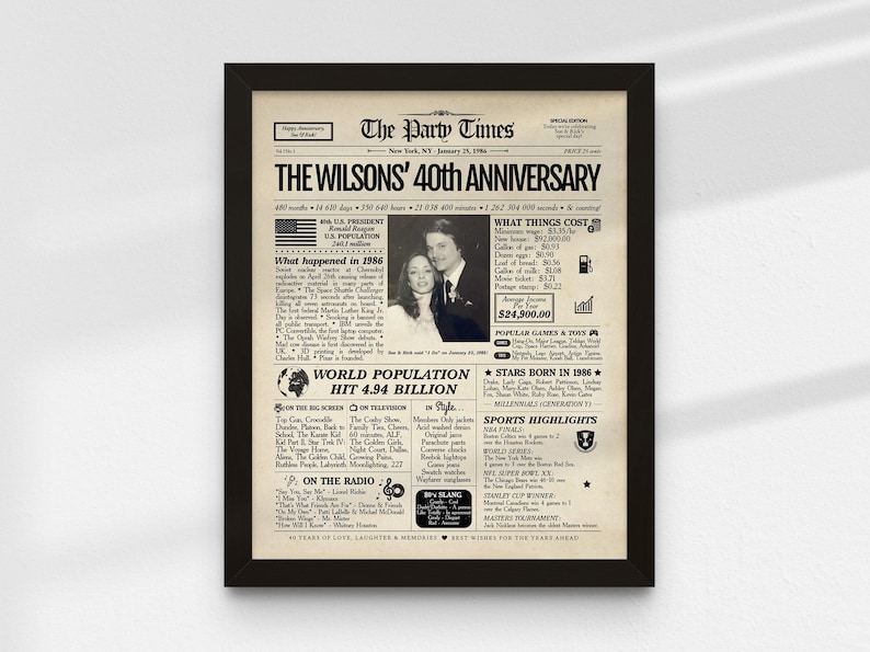 May include: A framed newspaper-style print titled The Party Times, dated January 21, 1986, featuring the headline The Wilsons' 40th Anniversary. The print includes a black and white photograph of a couple, historical facts, pop culture trivia, and sports highlights from 1986, all presented in a vintage-inspired layout with beige paper tones.