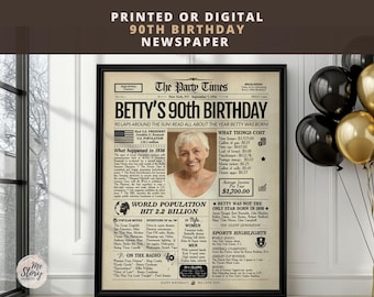 Personalized 90th Birthday Newspaper Poster | Printed or Digital | Framed or Canvas