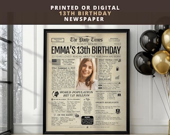 Personalized 13th Birthday Newspaper Poster | Printed or Digital | Framed or Canvas