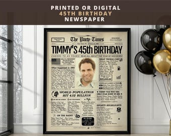 Personalized 45th Birthday Newspaper Poster | Printed or Digital | Framed or Canvas
