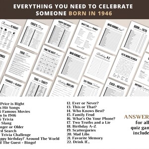 May include: A set of printable quiz games with a vintage theme, ideal for a birthday celebration. The games include trivia, word searches, and other fun activities. The text on the top says "EVERYTHING YOU NEED TO CELEBRATE SOMEONE BORN IN 1946".