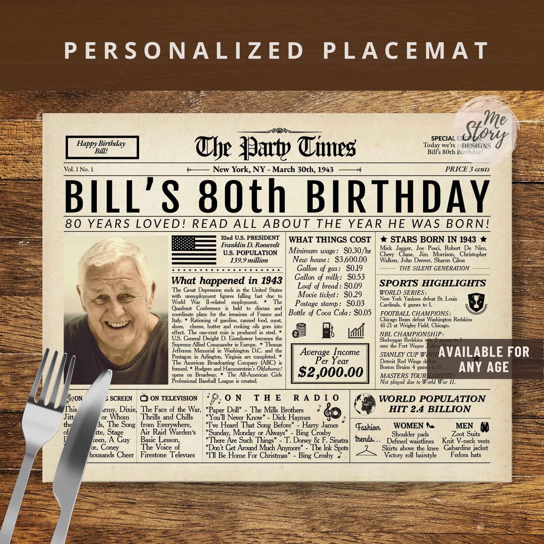 Personalized Birthday Placemat Newspaper 90th 80th 70th 60th 50th 40th
