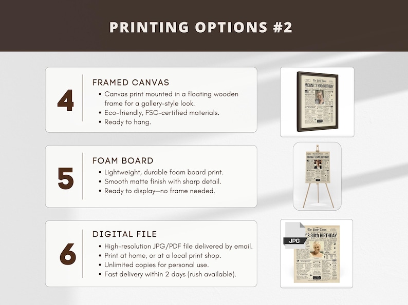 May include: An informational graphic titled PRINTING OPTIONS #2 listing three choices: 4. FRAMED CANVAS, a canvas print in a floating wooden frame; 5. FOAM BOARD, a lightweight matte print; and 6. DIGITAL FILE, a high-resolution JPG/PDF file.
