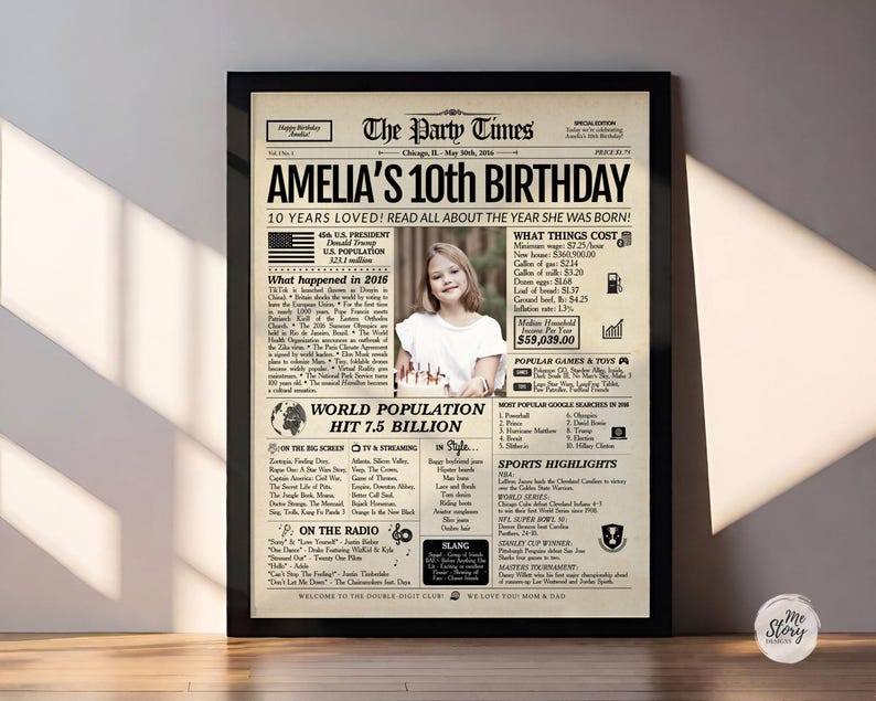 10th Birthday 2016 Newspaper Poster | Personalized Gift for Boys and Girls | Printed or Digital image 4