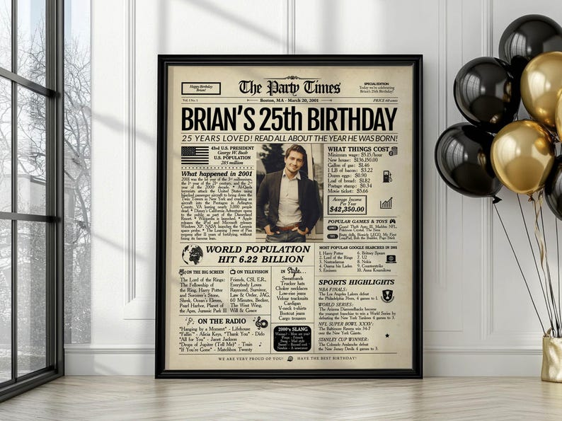 25th Birthday Gift Newspaper Poster| Back in 2001 Sign | Printed or Digital image 1
