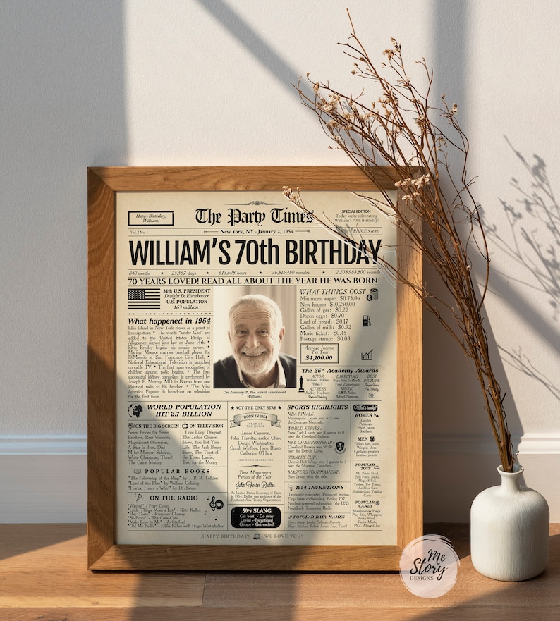 70th Birthday Newspaper Poster, 70th Birthday Gift for Him or Her, 70th Birthday Decorations, Gifts for Men, Gifts for Women, Back in 1954 image 4