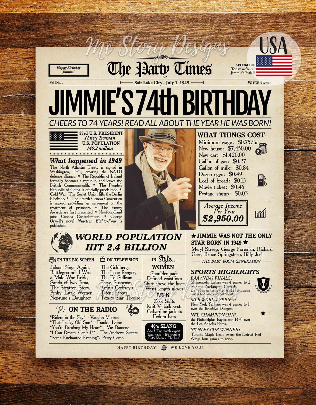 74th Birthday Newspaper Sign Back in 1949 Poster 74th Birthday Gift for
