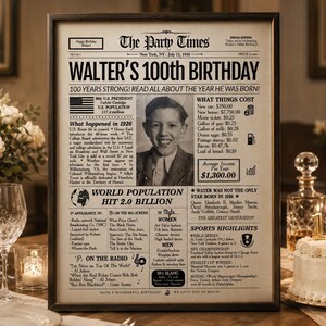 100th Birthday Newspaper Poster | 1926 Personalized Gift | Printed or Digital image 3