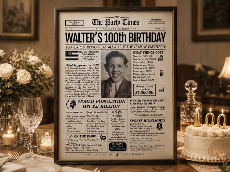 100th Birthday Newspaper Poster | 1926 Personalized Gift | Printed or Digital image 3