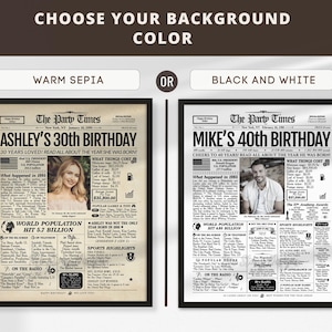 May include: Two framed newspaper-style prints, one sepia-toned and one black and white, with headlines celebrating birthdays. The sepia print reads "Ashley's 30th Birthday," while the black and white print says "Mike's 40th Birthday."