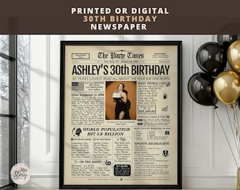 Personalized 30th Birthday Newspaper Poster | Printed or Digital | Framed or Canvas