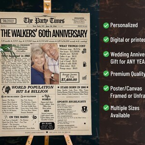 Pu&ograve; includere: Un poster in stile giornale color beige intitolato The Party Times, con una fotografia di una coppia, il titolo The Walkers' 60th Anniversary e colonne che descrivono fatti del 1966 come il costo della vita e la popolazione mondiale.