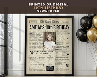 Personalized 10th Birthday Newspaper Poster | Printed or Digital | Framed or Canvas