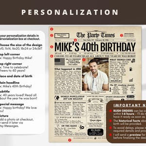 May include: A personalized newspaper-style poster titled The Party Times, featuring the headline MIKE'S 40TH BIRTHDAY. The design includes a central photograph, historical facts from 1986, and sections for personalization details like size, top corner text, and dates.