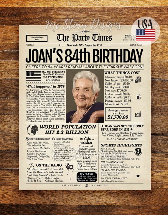 Gift for Elderly Women or Men Personalized Birthday Newspaper