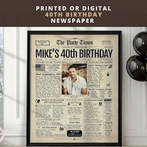 May include: A framed newspaper-style poster titled The Party Times, featuring the headline MIKE'S 40th BIRTHDAY. The design includes a central photograph of a person, historical facts from 1986, U.S. population data, and movie and music highlights.
