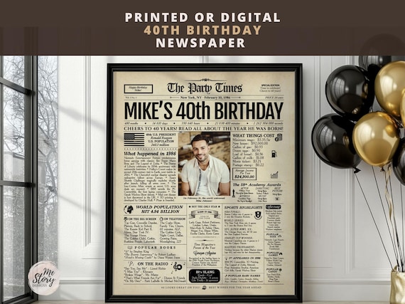 Personalized 40th Birthday Newspaper Poster | Printed or Digital | Framed or Canvas