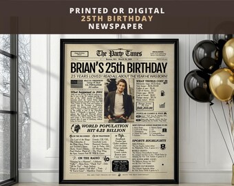 Personalized 25th Birthday Newspaper Poster | Printed or Digital | Framed or Canvas