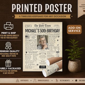May include: A vintage-style newspaper poster titled The Party Times, featuring a 50th birthday theme for Michael. The design includes a central photograph, historical facts from 1976, and cost-of-living data, presented on a cream-colored background.