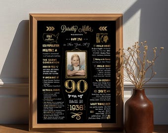 May include: A framed black and gold 90th birthday sign for Dorothy Miller, born in 1936. The sign includes a photo, facts about the year, and a wooden frame. The sign is displayed with a brown vase.