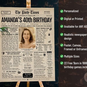 May include: A personalized 40th birthday poster designed as a vintage newspaper titled The Party Times, dated March 11, 1986. It features a central photograph, historical facts from 1986, world population statistics, and popular culture highlights.