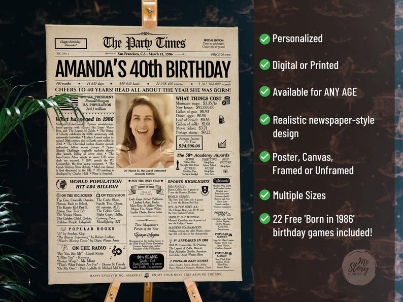 May include: A personalized 40th birthday poster designed as a vintage newspaper titled The Party Times, dated March 11, 1986. It features a central photograph, historical facts from 1986, world population statistics, and popular culture highlights.