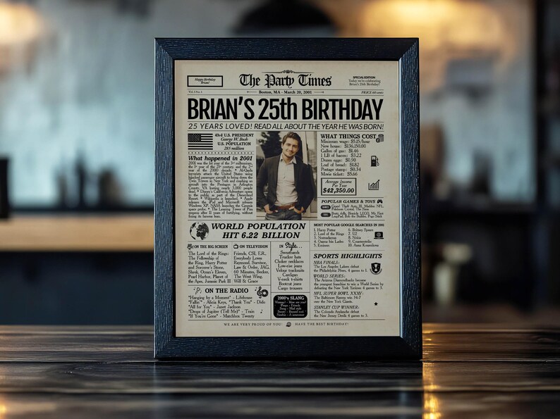 25th Birthday Gift Newspaper Poster| Back in 2001 Sign | Printed or Digital image 3