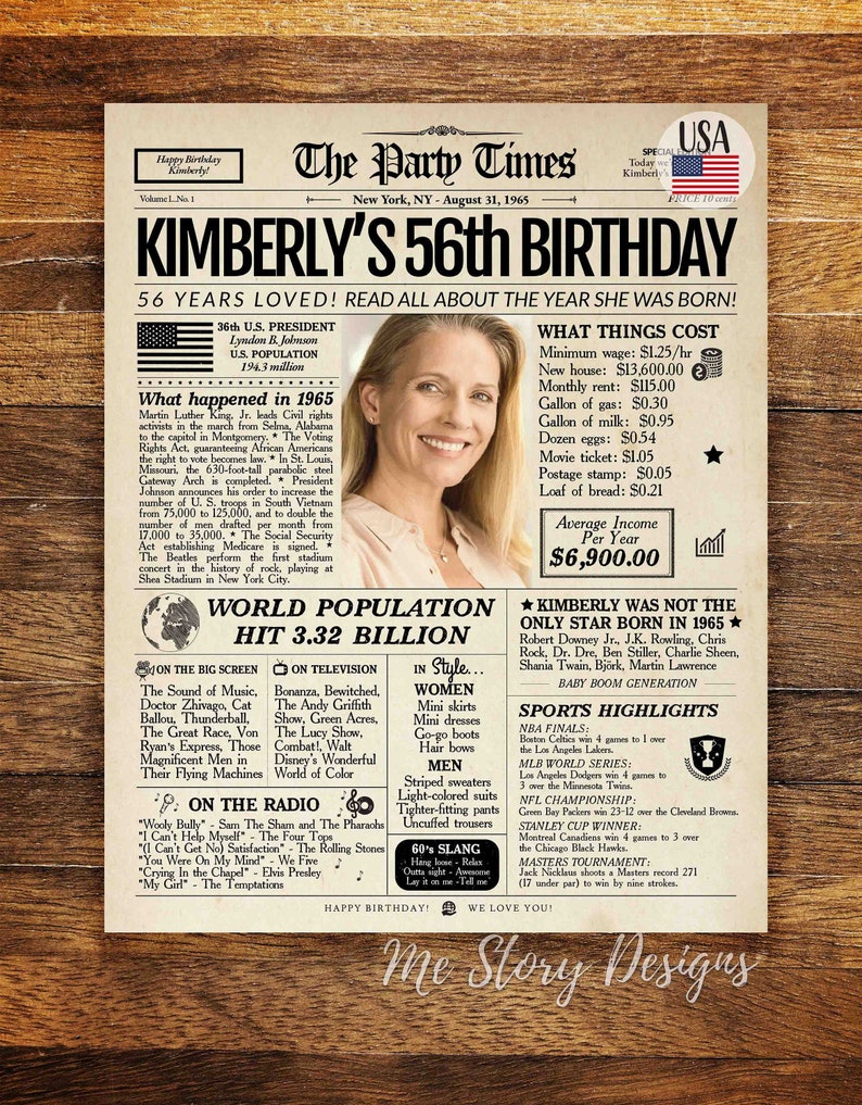 Adult birthday party decorations 56th birthday gift for men or women 56th birthday newspaper poster sign PRINTABLE back in 1965