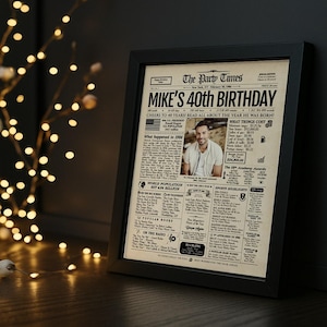 May include: A framed newspaper-style poster titled The Party Times, featuring the headline Mike's 40th Birthday. The print includes a central photograph of a man, historical facts from 1986, US population data, and various cultural trivia.