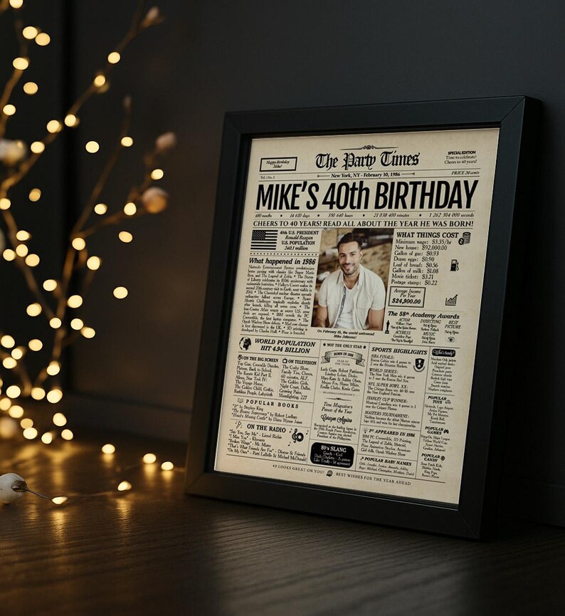 May include: A framed newspaper-style poster titled The Party Times, featuring the headline Mike's 40th Birthday. The print includes a central photograph of a man, historical facts from 1986, US population data, and various cultural trivia.